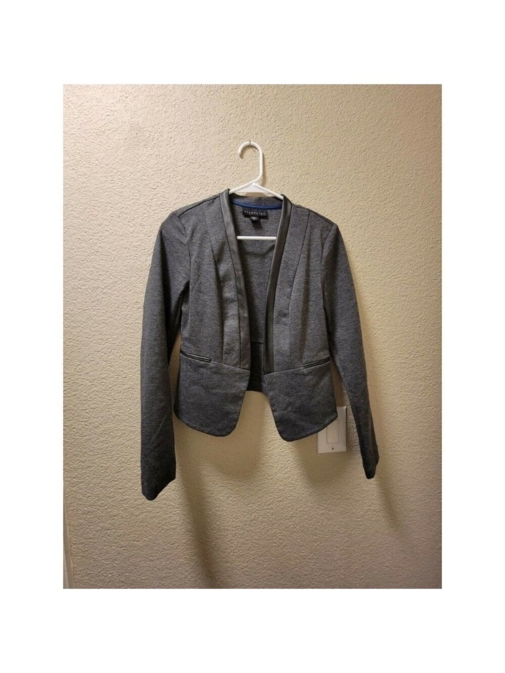 Attention Open Front Blazer Gray With Black Faux Leather Details Size Small
